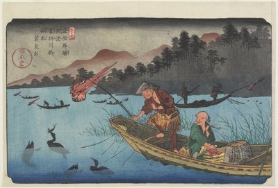 No.55 Barca da pesca con cormorani al fiume Nagae vicino alla stazione di Ko_to, 1830-1844 da Keisai Eisen